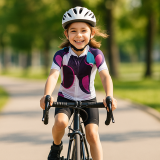 Girl wearing colourful cycling outfit on a bike, smiling outdoors