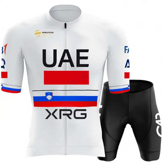 UAE Team children’s cycling jersey and bib shorts kit in white and black

